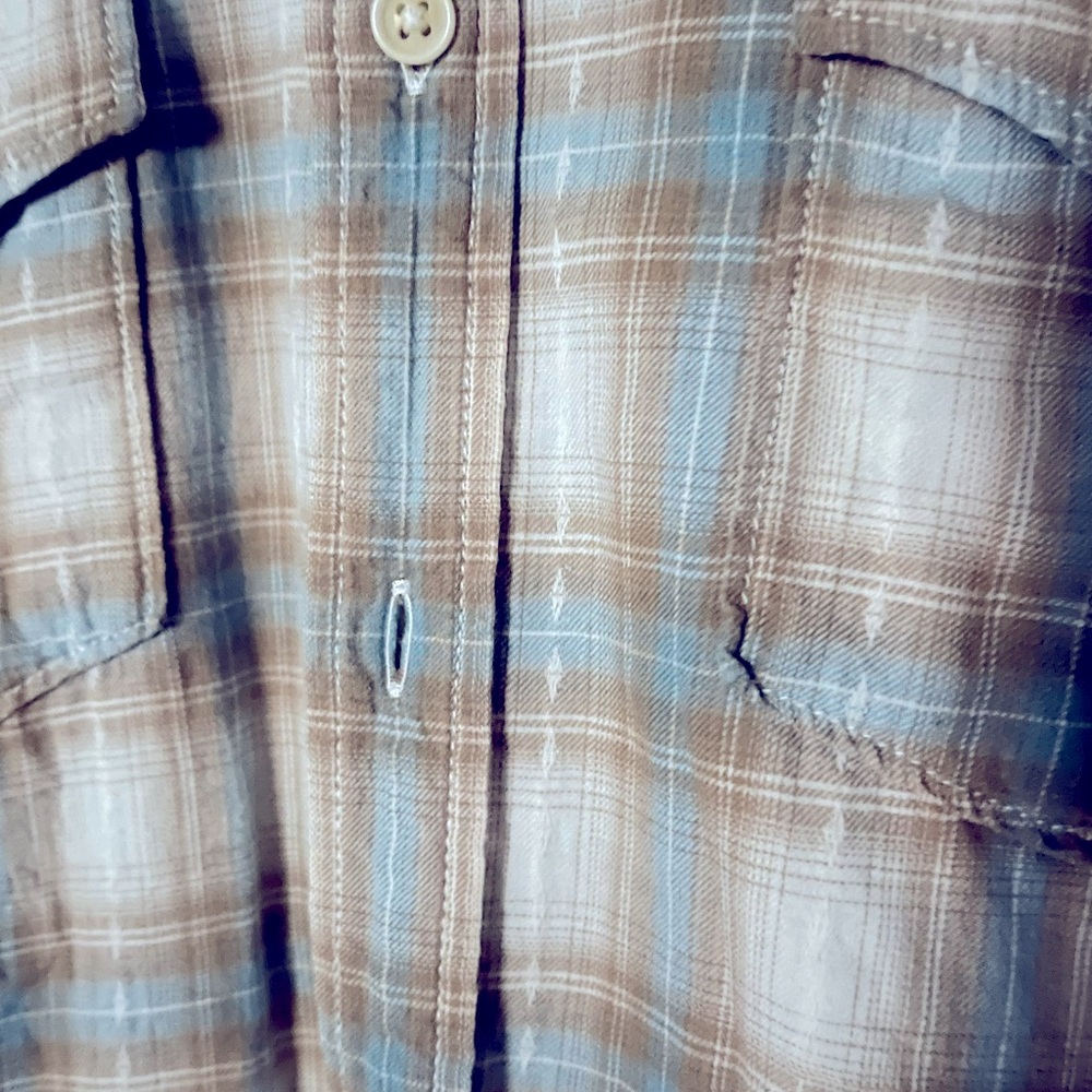 Lucky Brand Tan and Blue Plaid Button Down Shirt